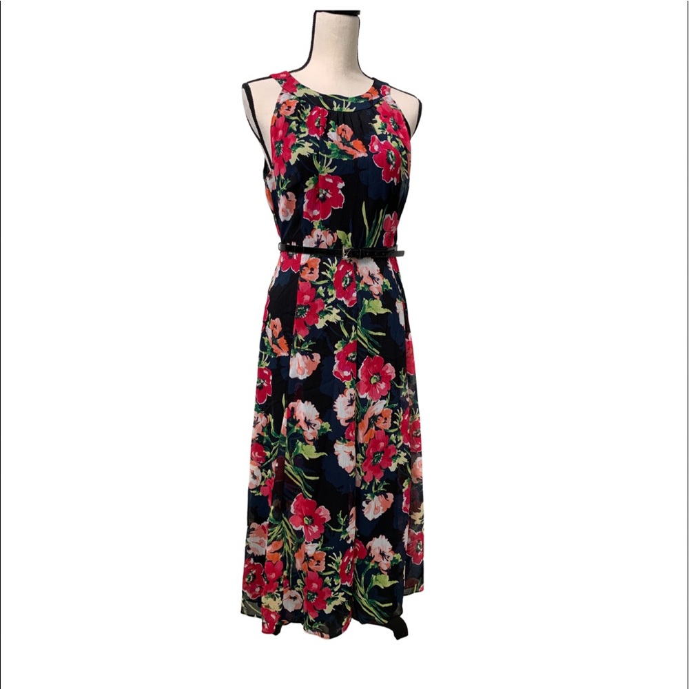 Tommy Hilfiger Floral Chiffon Belted Midi Dress